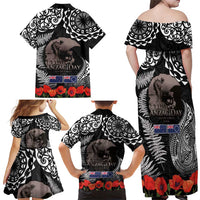 New Zealand and Cook Islands ANZAC Day Family Matching Off Shoulder Maxi Dress and Hawaiian Shirt Gallipoli Lest We Forget Tatau Art Tribal and Maori Tattoo with Fern LT03 - Polynesian Pride