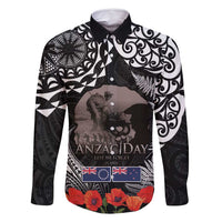 New Zealand and Cook Islands ANZAC Day Family Matching Off Shoulder Maxi Dress and Hawaiian Shirt Gallipoli Lest We Forget Tatau Art Tribal and Maori Tattoo with Fern LT03 Dad's Shirt - Long Sleeve Black - Polynesian Pride