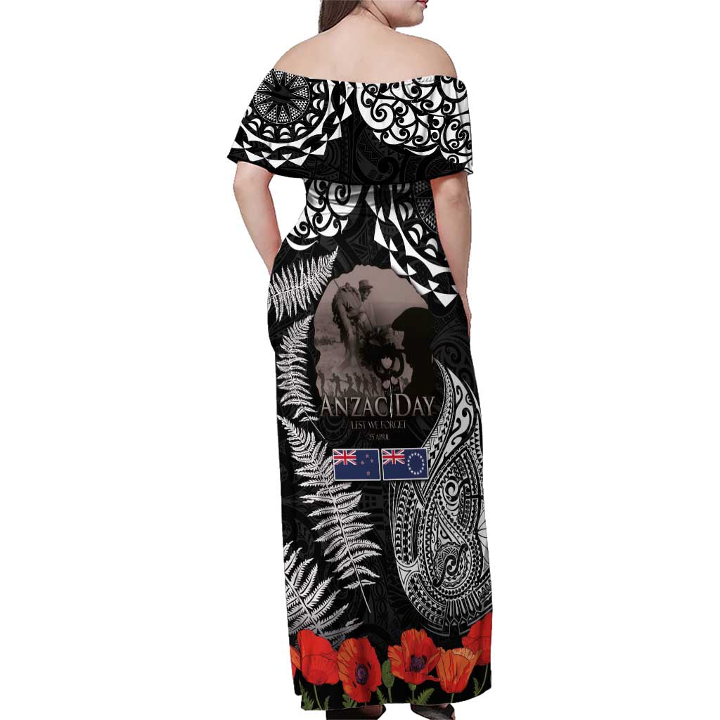 New Zealand and Cook Islands ANZAC Day Family Matching Off Shoulder Maxi Dress and Hawaiian Shirt Gallipoli Lest We Forget Tatau Art Tribal and Maori Tattoo with Fern LT03 - Polynesian Pride