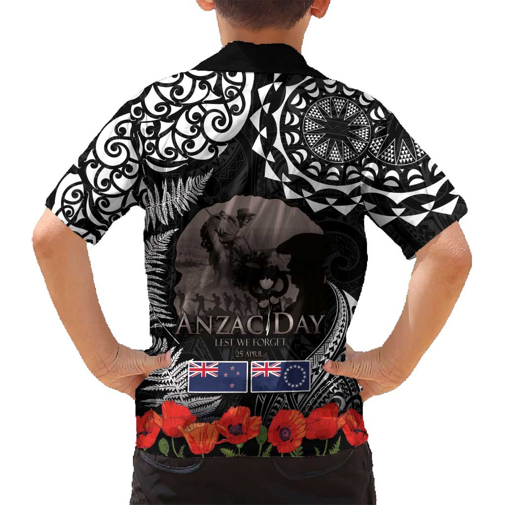 New Zealand and Cook Islands ANZAC Day Family Matching Off Shoulder Short Dress and Hawaiian Shirt Gallipoli Lest We Forget Tatau Art Tribal and Maori Tattoo with Fern LT03 - Polynesian Pride