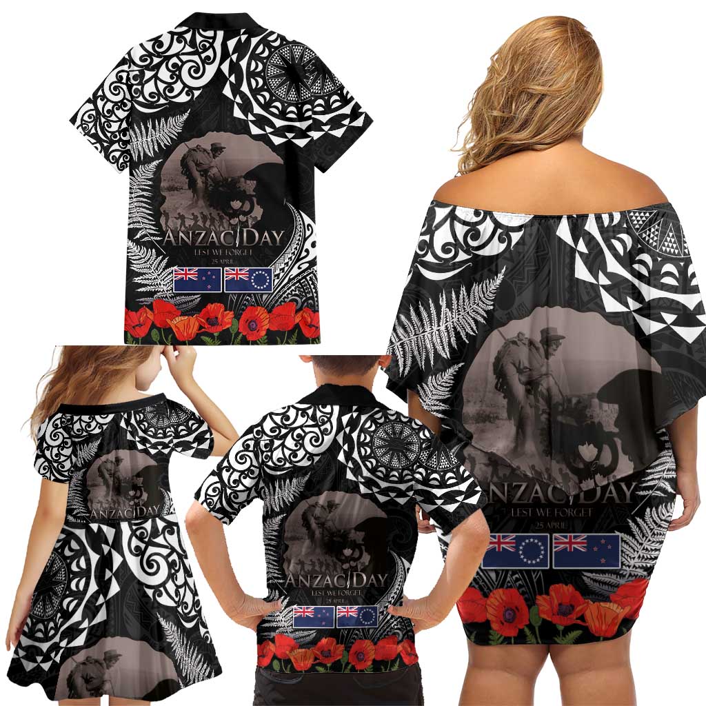 New Zealand and Cook Islands ANZAC Day Family Matching Off Shoulder Short Dress and Hawaiian Shirt Gallipoli Lest We Forget Tatau Art Tribal and Maori Tattoo with Fern LT03 - Polynesian Pride