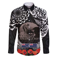 New Zealand and Cook Islands ANZAC Day Family Matching Puletasi and Hawaiian Shirt Gallipoli Lest We Forget Tatau Art Tribal and Maori Tattoo with Fern LT03 Dad's Shirt - Long Sleeve Black - Polynesian Pride