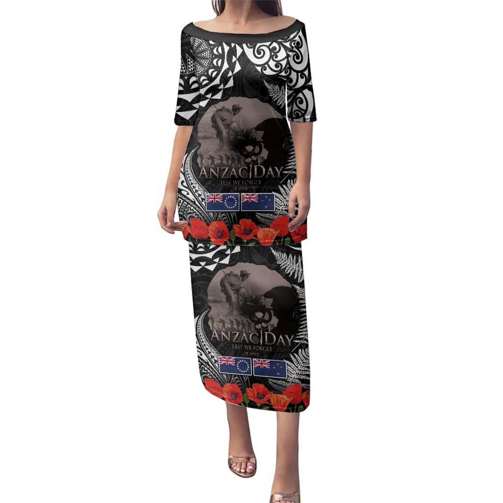 New Zealand and Cook Islands ANZAC Day Family Matching Puletasi and Hawaiian Shirt Gallipoli Lest We Forget Tatau Art Tribal and Maori Tattoo with Fern LT03 Mom's Dress Black - Polynesian Pride