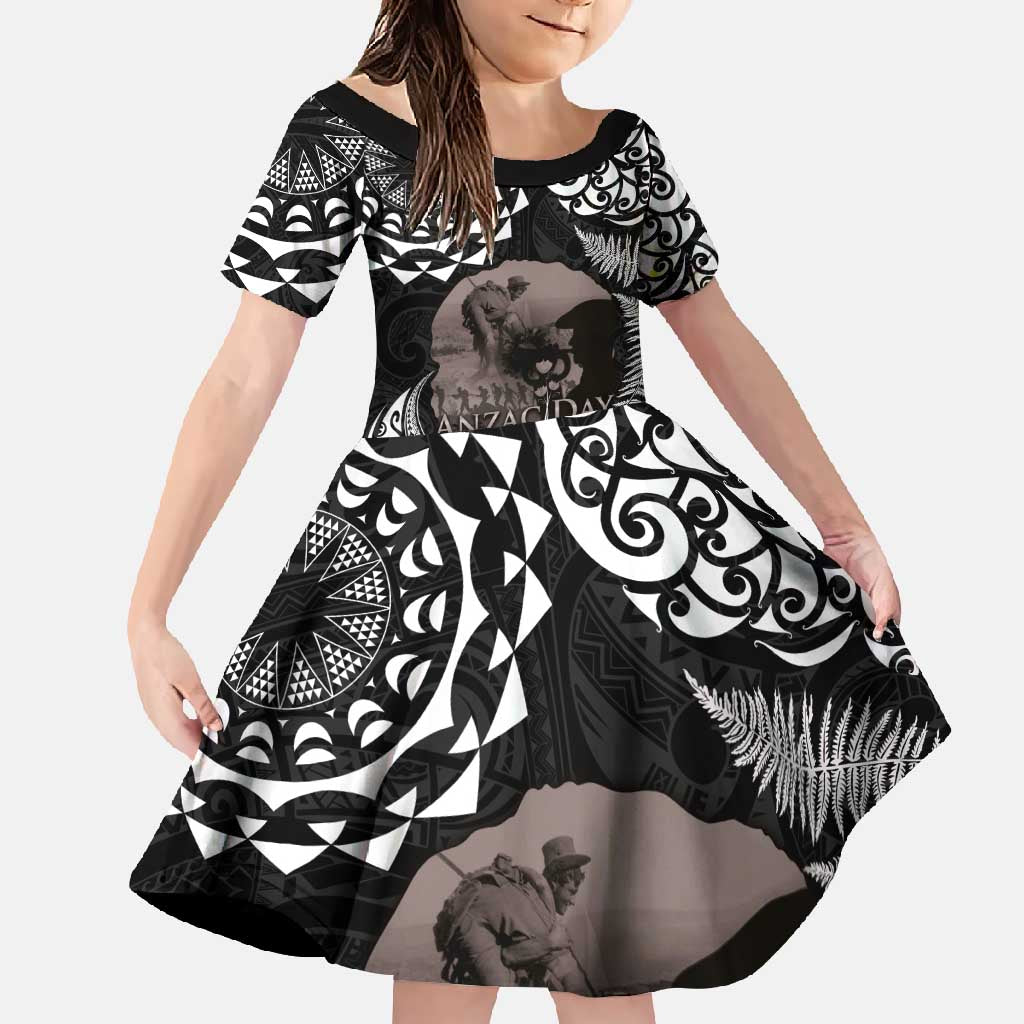 New Zealand and Cook Islands ANZAC Day Family Matching Short Sleeve Bodycon Dress and Hawaiian Shirt Gallipoli Lest We Forget Tatau Art Tribal and Maori Tattoo with Fern LT03 Daughter's Dress Black - Polynesian Pride