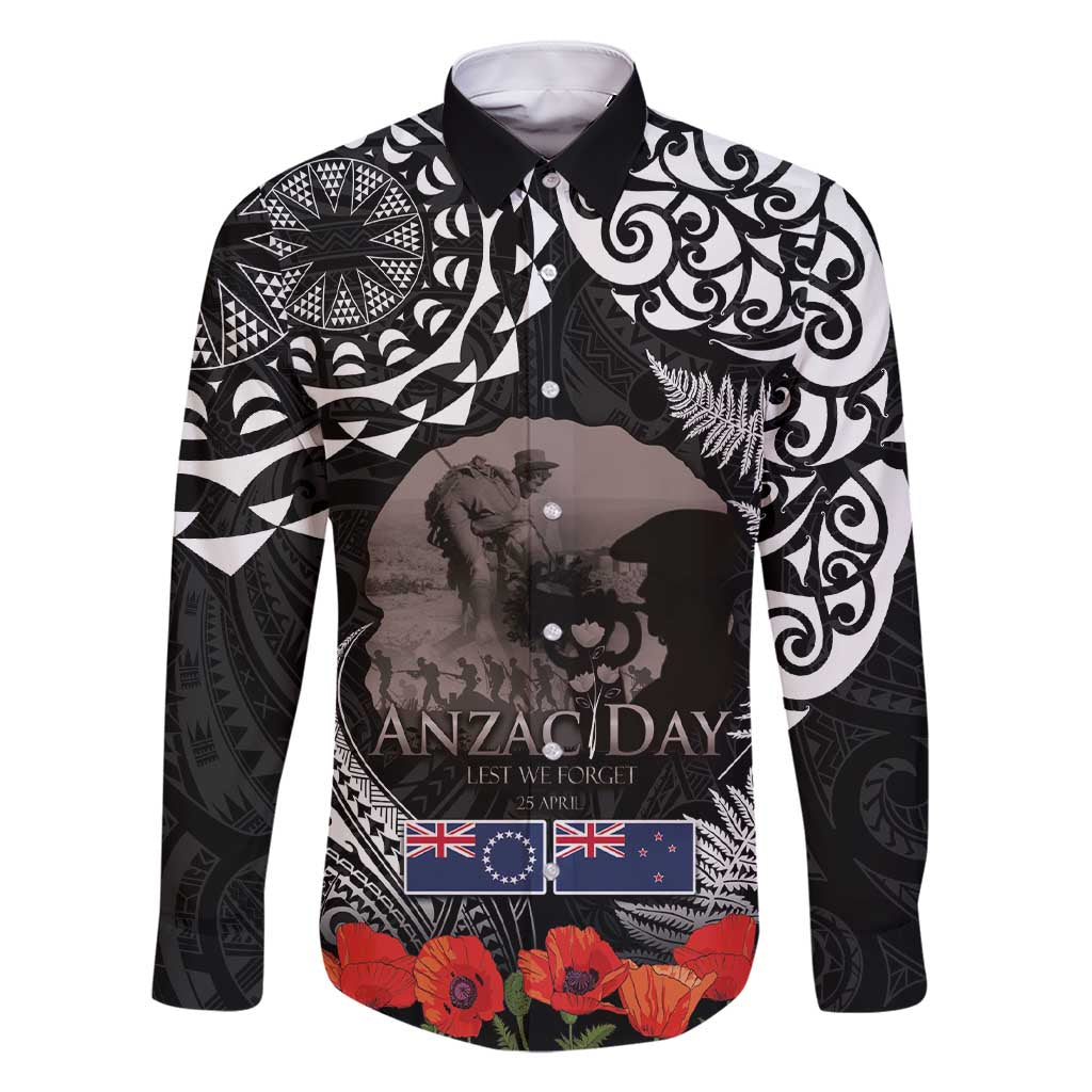 New Zealand and Cook Islands ANZAC Day Family Matching Short Sleeve Bodycon Dress and Hawaiian Shirt Gallipoli Lest We Forget Tatau Art Tribal and Maori Tattoo with Fern LT03 Dad's Shirt - Long Sleeve Black - Polynesian Pride