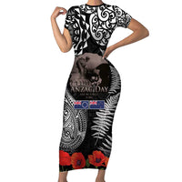 New Zealand and Cook Islands ANZAC Day Family Matching Short Sleeve Bodycon Dress and Hawaiian Shirt Gallipoli Lest We Forget Tatau Art Tribal and Maori Tattoo with Fern LT03 Mom's Dress Black - Polynesian Pride