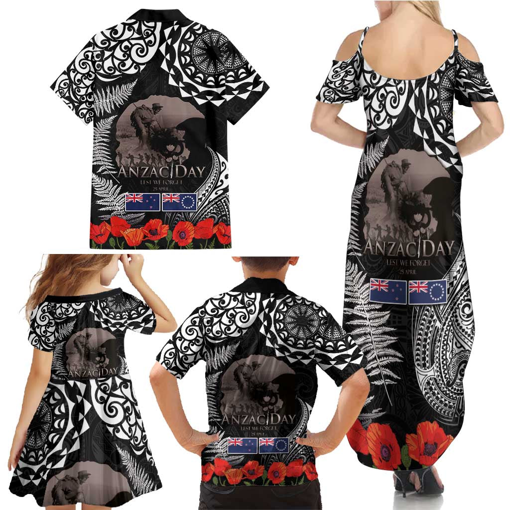New Zealand and Cook Islands ANZAC Day Family Matching Summer Maxi Dress and Hawaiian Shirt Gallipoli Lest We Forget Tatau Art Tribal and Maori Tattoo with Fern LT03 - Polynesian Pride