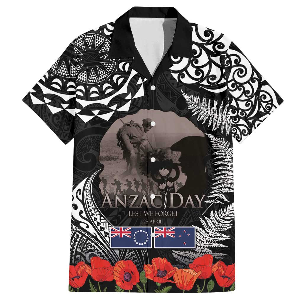 New Zealand and Cook Islands ANZAC Day Family Matching Tank Maxi Dress and Hawaiian Shirt Gallipoli Lest We Forget Tatau Art Tribal and Maori Tattoo with Fern LT03 Dad's Shirt - Short Sleeve Black - Polynesian Pride