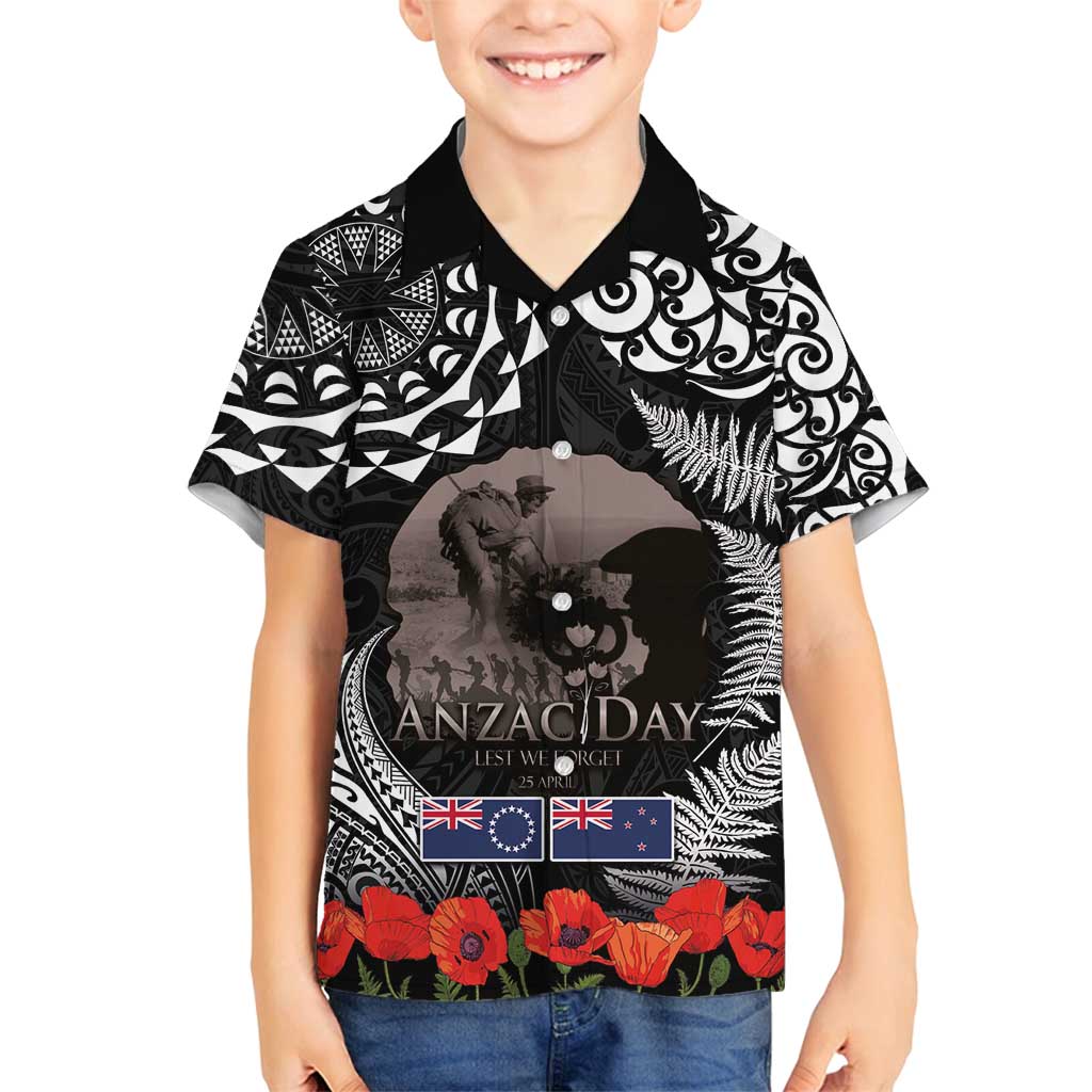 New Zealand and Cook Islands ANZAC Day Family Matching Tank Maxi Dress and Hawaiian Shirt Gallipoli Lest We Forget Tatau Art Tribal and Maori Tattoo with Fern LT03 Son's Shirt Black - Polynesian Pride