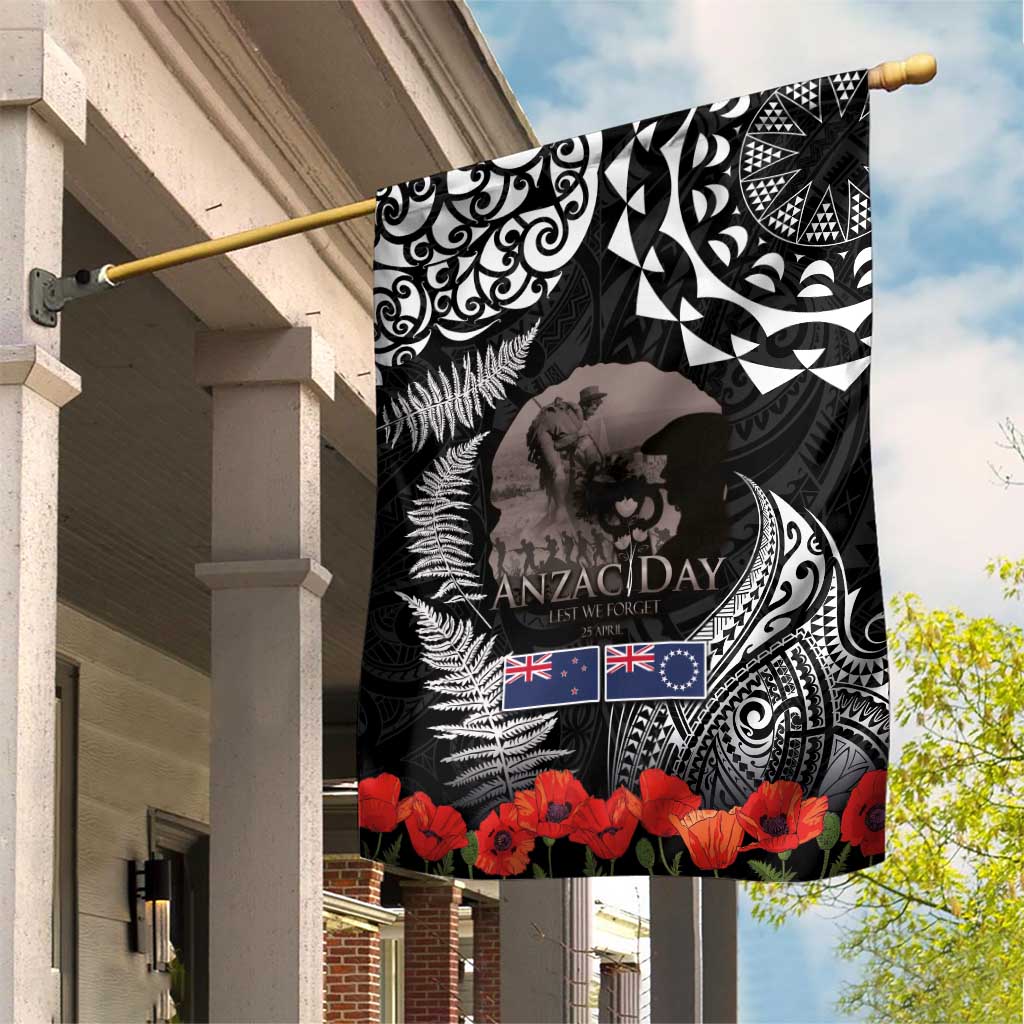 New Zealand and Cook Islands ANZAC Day Garden Flag Gallipoli Lest We Forget Tatau Art Tribal and Maori Tattoo with Fern LT03 House Flag Black - Polynesian Pride