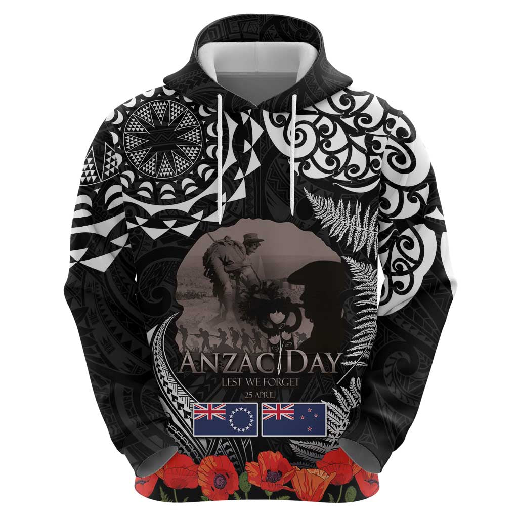 New Zealand and Cook Islands ANZAC Day Hoodie Gallipoli Lest We Forget Tatau Art Tribal and Maori Tattoo with Fern LT03 - Polynesian Pride