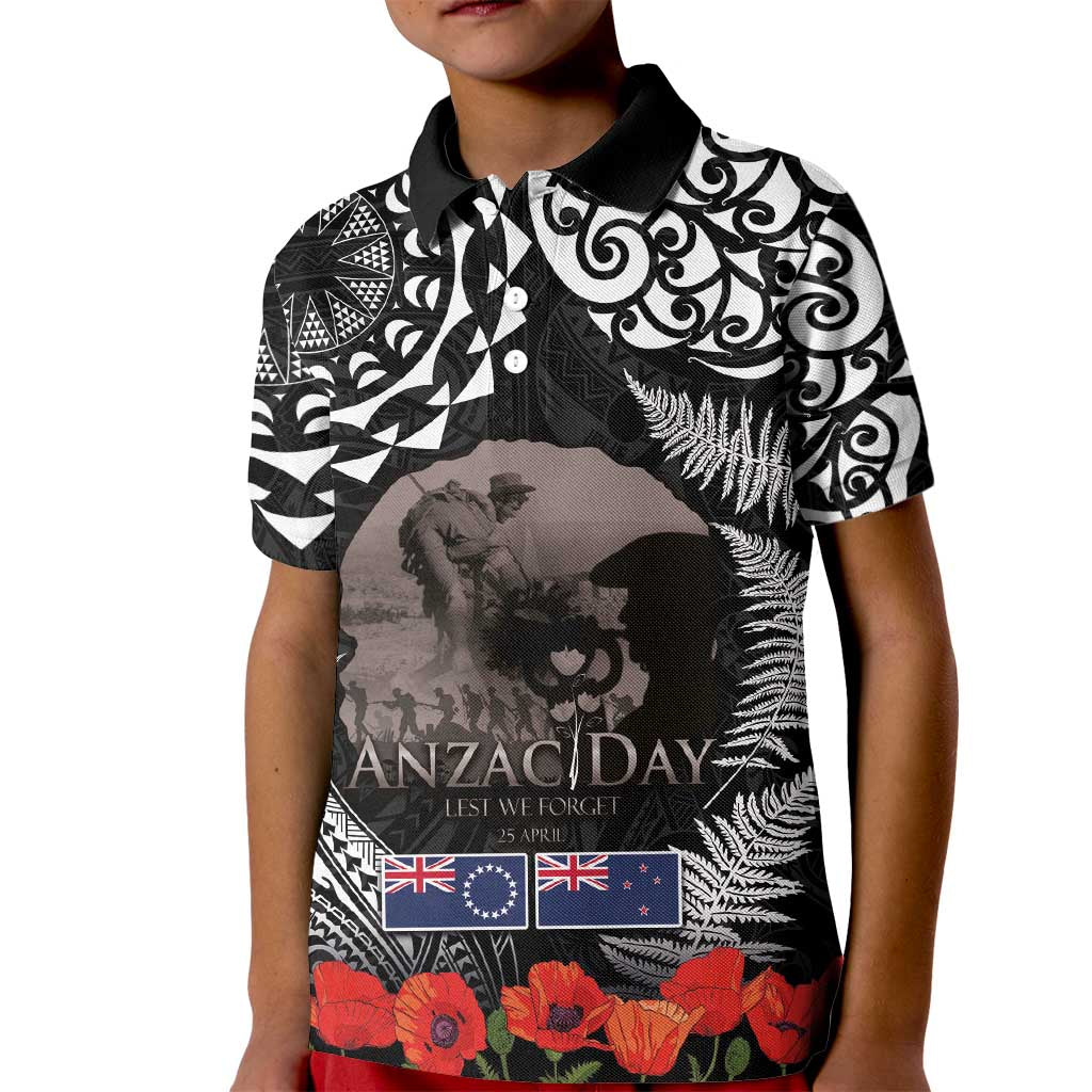 New Zealand and Cook Islands ANZAC Day Kid Polo Shirt Gallipoli Lest We Forget Tatau Art Tribal and Maori Tattoo with Fern LT03 Kid Black - Polynesian Pride