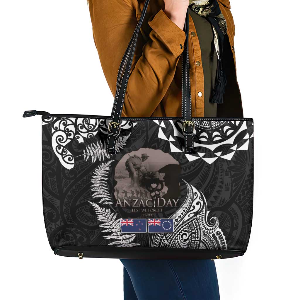 New Zealand and Cook Islands ANZAC Day Leather Tote Bag Gallipoli Lest We Forget Tatau Art Tribal and Maori Tattoo with Fern LT03 - Polynesian Pride