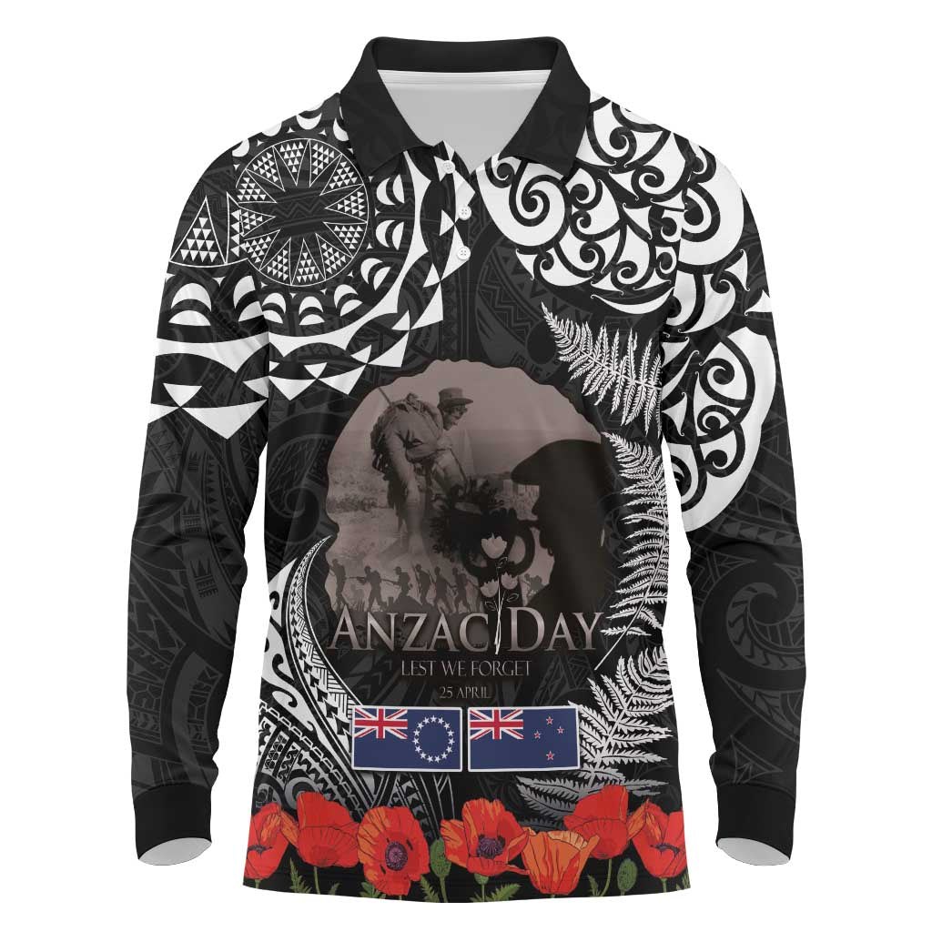 New Zealand and Cook Islands ANZAC Day Long Sleeve Polo Shirt Gallipoli Lest We Forget Tatau Art Tribal and Maori Tattoo with Fern LT03 Black - Polynesian Pride