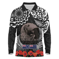 New Zealand and Cook Islands ANZAC Day Long Sleeve Polo Shirt Gallipoli Lest We Forget Tatau Art Tribal and Maori Tattoo with Fern LT03 Black - Polynesian Pride