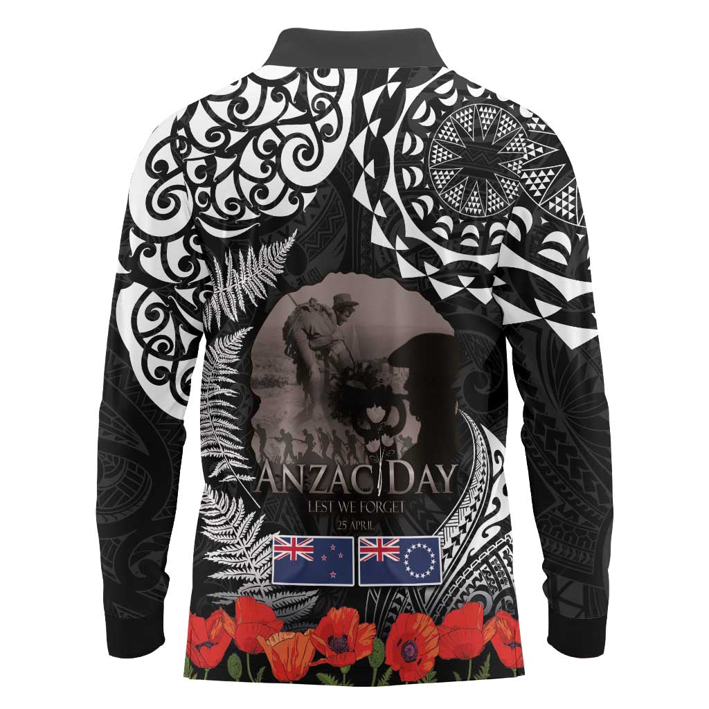 New Zealand and Cook Islands ANZAC Day Long Sleeve Polo Shirt Gallipoli Lest We Forget Tatau Art Tribal and Maori Tattoo with Fern LT03 - Polynesian Pride