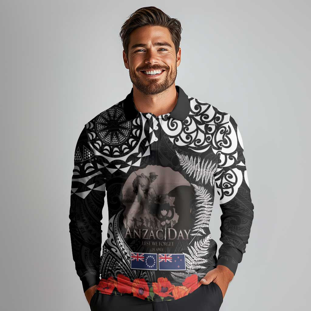 New Zealand and Cook Islands ANZAC Day Long Sleeve Polo Shirt Gallipoli Lest We Forget Tatau Art Tribal and Maori Tattoo with Fern LT03 - Polynesian Pride