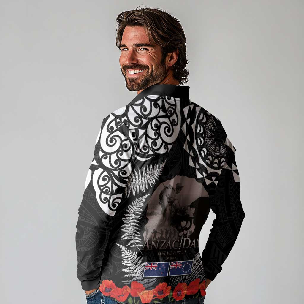 New Zealand and Cook Islands ANZAC Day Long Sleeve Polo Shirt Gallipoli Lest We Forget Tatau Art Tribal and Maori Tattoo with Fern LT03 - Polynesian Pride