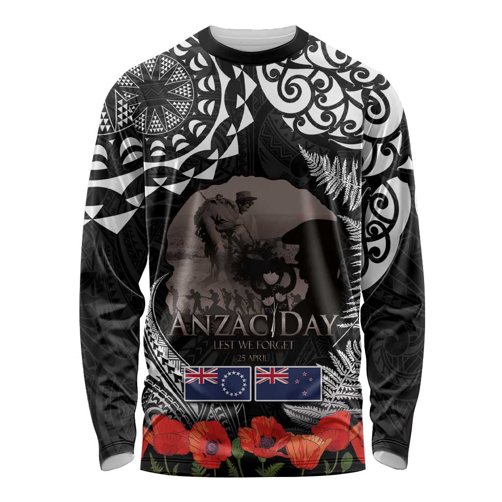 New Zealand and Cook Islands ANZAC Day Long Sleeve Shirt Gallipoli Lest We Forget Tatau Art Tribal and Maori Tattoo with Fern LT03 Unisex Black - Polynesian Pride
