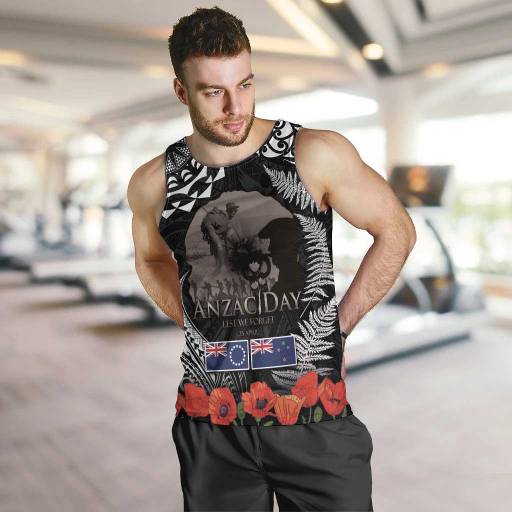 New Zealand and Cook Islands ANZAC Day Men Tank Top Gallipoli Lest We Forget Tatau Art Tribal and Maori Tattoo with Fern LT03 Black - Polynesian Pride