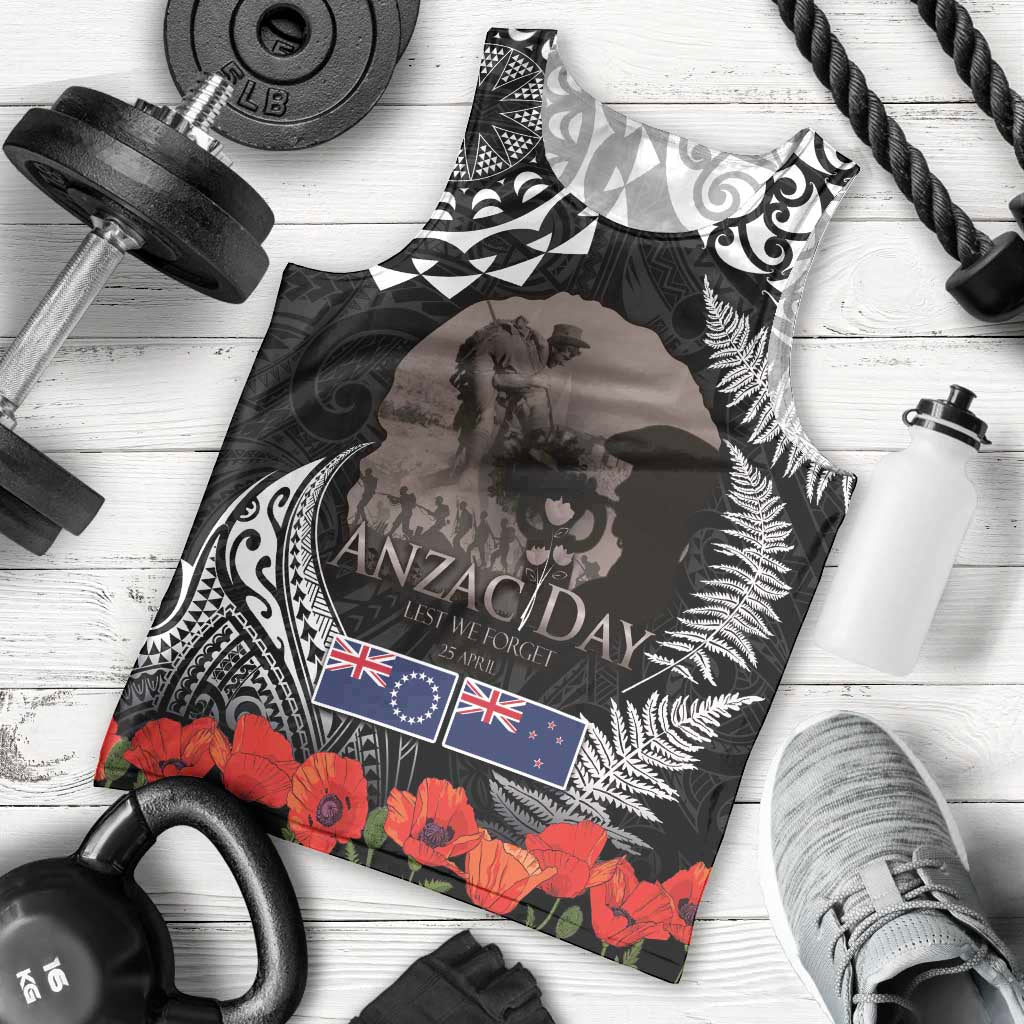 New Zealand and Cook Islands ANZAC Day Men Tank Top Gallipoli Lest We Forget Tatau Art Tribal and Maori Tattoo with Fern LT03 - Polynesian Pride