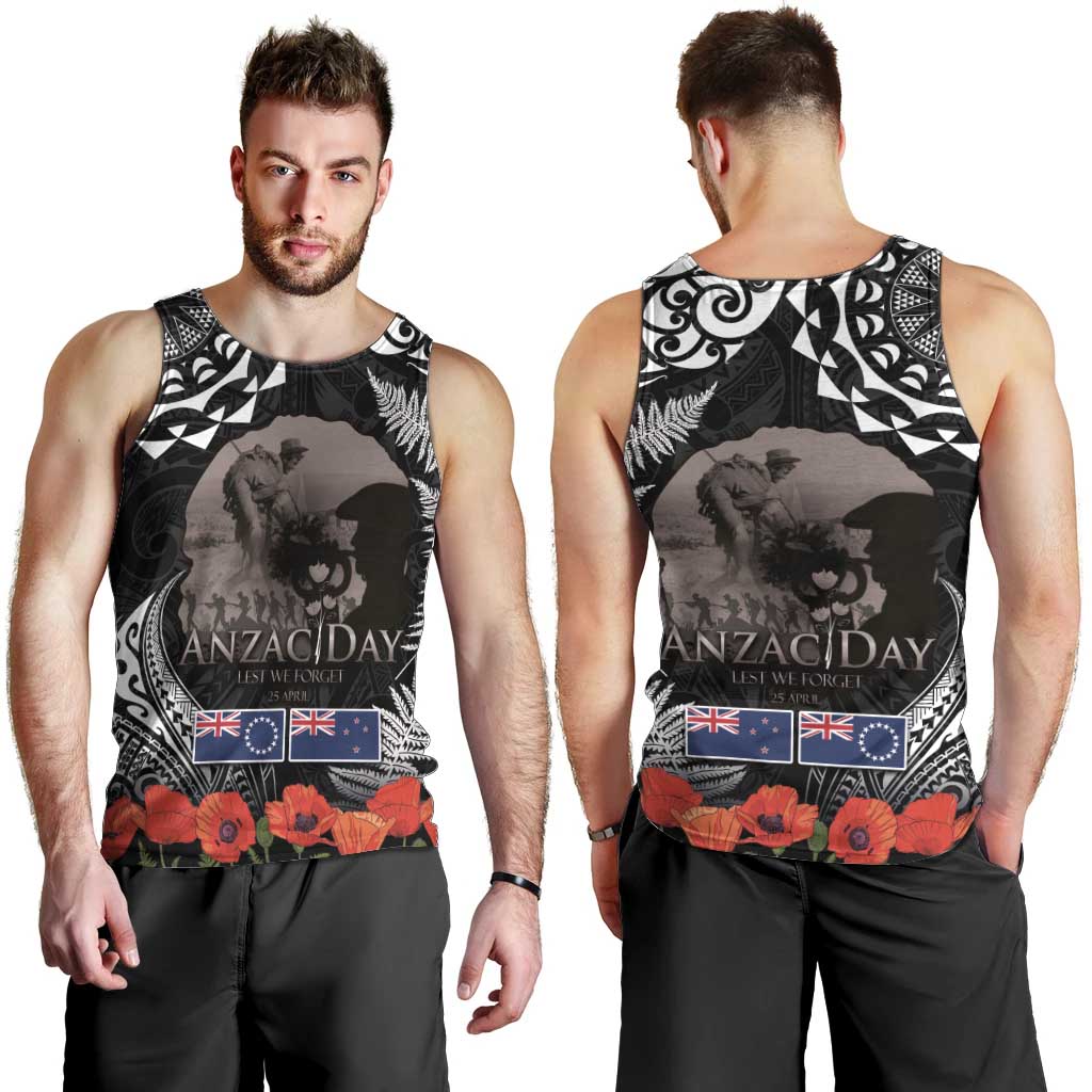 New Zealand and Cook Islands ANZAC Day Men Tank Top Gallipoli Lest We Forget Tatau Art Tribal and Maori Tattoo with Fern LT03 - Polynesian Pride