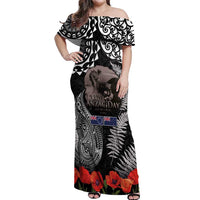 New Zealand and Cook Islands ANZAC Day Off Shoulder Maxi Dress Gallipoli Lest We Forget Tatau Art Tribal and Maori Tattoo with Fern LT03 Women Black - Polynesian Pride