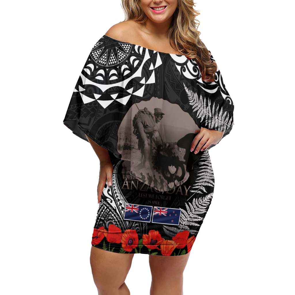 New Zealand and Cook Islands ANZAC Day Off Shoulder Short Dress Gallipoli Lest We Forget Tatau Art Tribal and Maori Tattoo with Fern LT03 Women Black - Polynesian Pride
