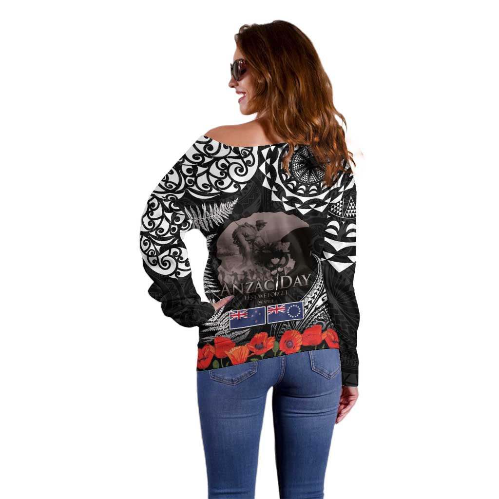 New Zealand and Cook Islands ANZAC Day Off Shoulder Sweater Gallipoli Lest We Forget Tatau Art Tribal and Maori Tattoo with Fern LT03 - Polynesian Pride