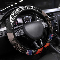 New Zealand and Cook Islands ANZAC Day Steering Wheel Cover Gallipoli Lest We Forget Tatau Art Tribal and Maori Tattoo with Fern LT03 Universal Fit Black - Polynesian Pride