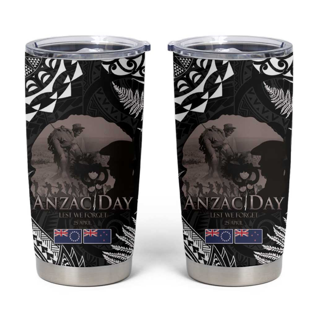 New Zealand and Cook Islands ANZAC Day Tumbler Cup Gallipoli Lest We Forget Tatau Art Tribal and Maori Tattoo with Fern LT03 Black - Polynesian Pride