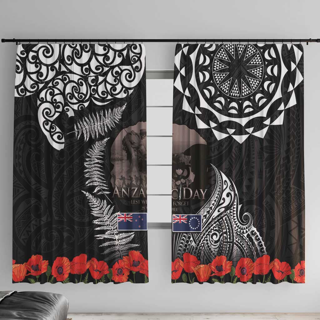 New Zealand and Cook Islands ANZAC Day Window Curtain Gallipoli Lest We Forget Tatau Art Tribal and Maori Tattoo with Fern LT03 With Hooks Black - Polynesian Pride