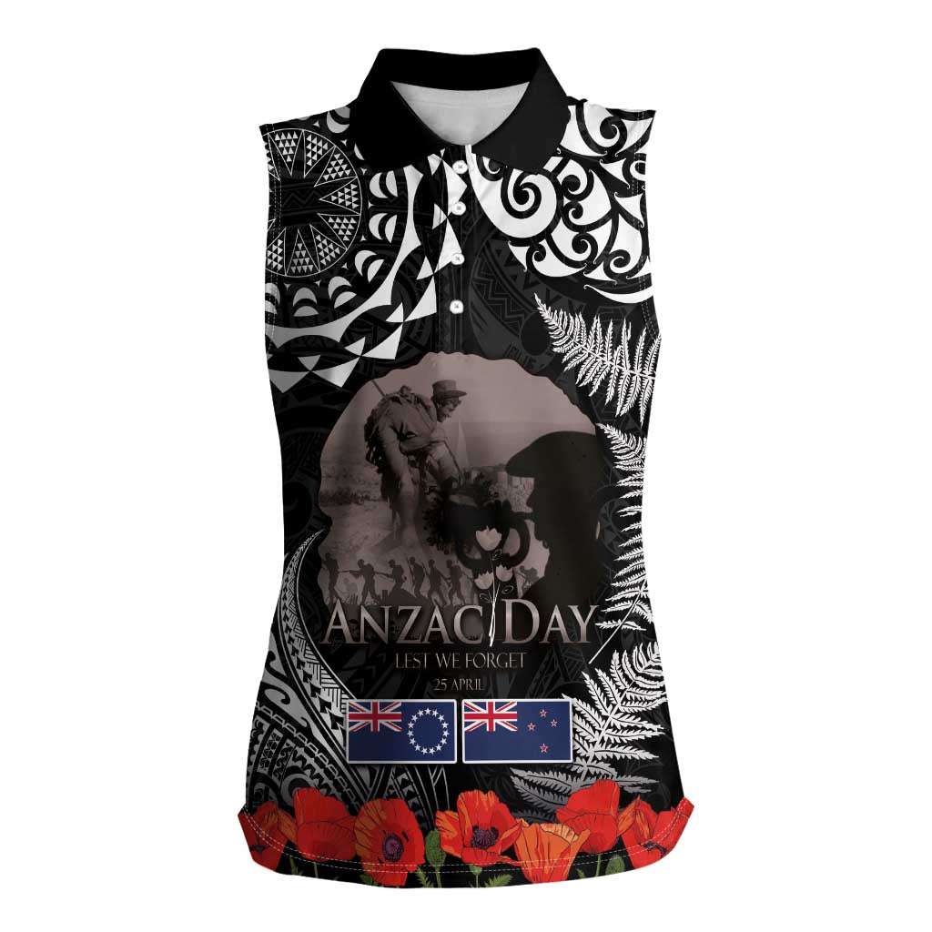 New Zealand and Cook Islands ANZAC Day Women Sleeveless Polo Shirt Gallipoli Lest We Forget Tatau Art Tribal and Maori Tattoo with Fern LT03 Female Black - Polynesian Pride