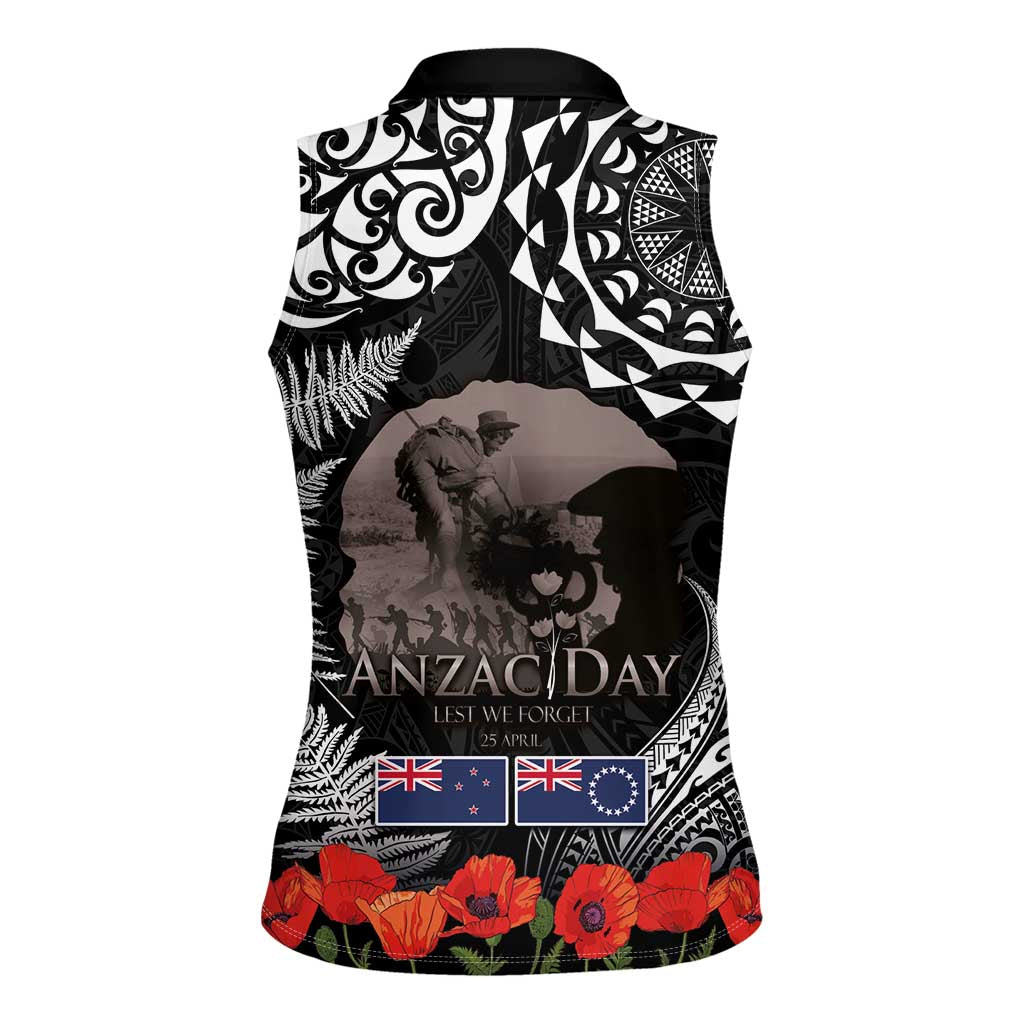 New Zealand and Cook Islands ANZAC Day Women Sleeveless Polo Shirt Gallipoli Lest We Forget Tatau Art Tribal and Maori Tattoo with Fern LT03 - Polynesian Pride