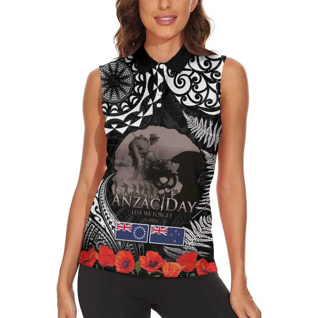 New Zealand and Cook Islands ANZAC Day Women Sleeveless Polo Shirt Gallipoli Lest We Forget Tatau Art Tribal and Maori Tattoo with Fern LT03 - Polynesian Pride
