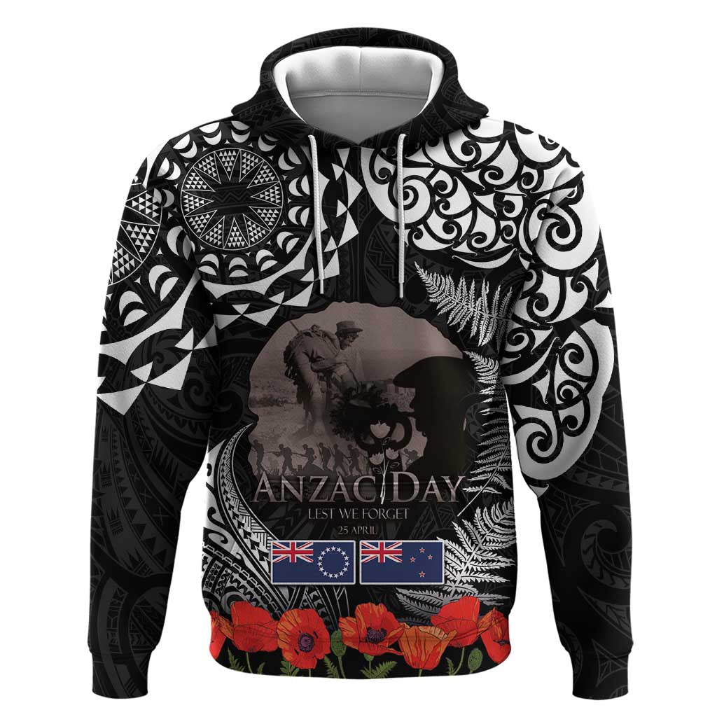 New Zealand and Cook Islands ANZAC Day Zip Hoodie Gallipoli Lest We Forget Tatau Art Tribal and Maori Tattoo with Fern LT03 Pullover Hoodie Black - Polynesian Pride