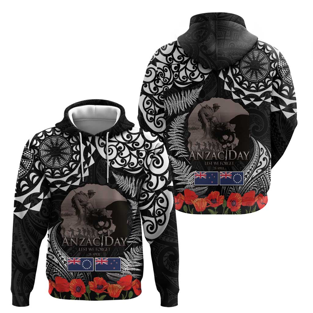 New Zealand and Cook Islands ANZAC Day Zip Hoodie Gallipoli Lest We Forget Tatau Art Tribal and Maori Tattoo with Fern LT03 - Polynesian Pride