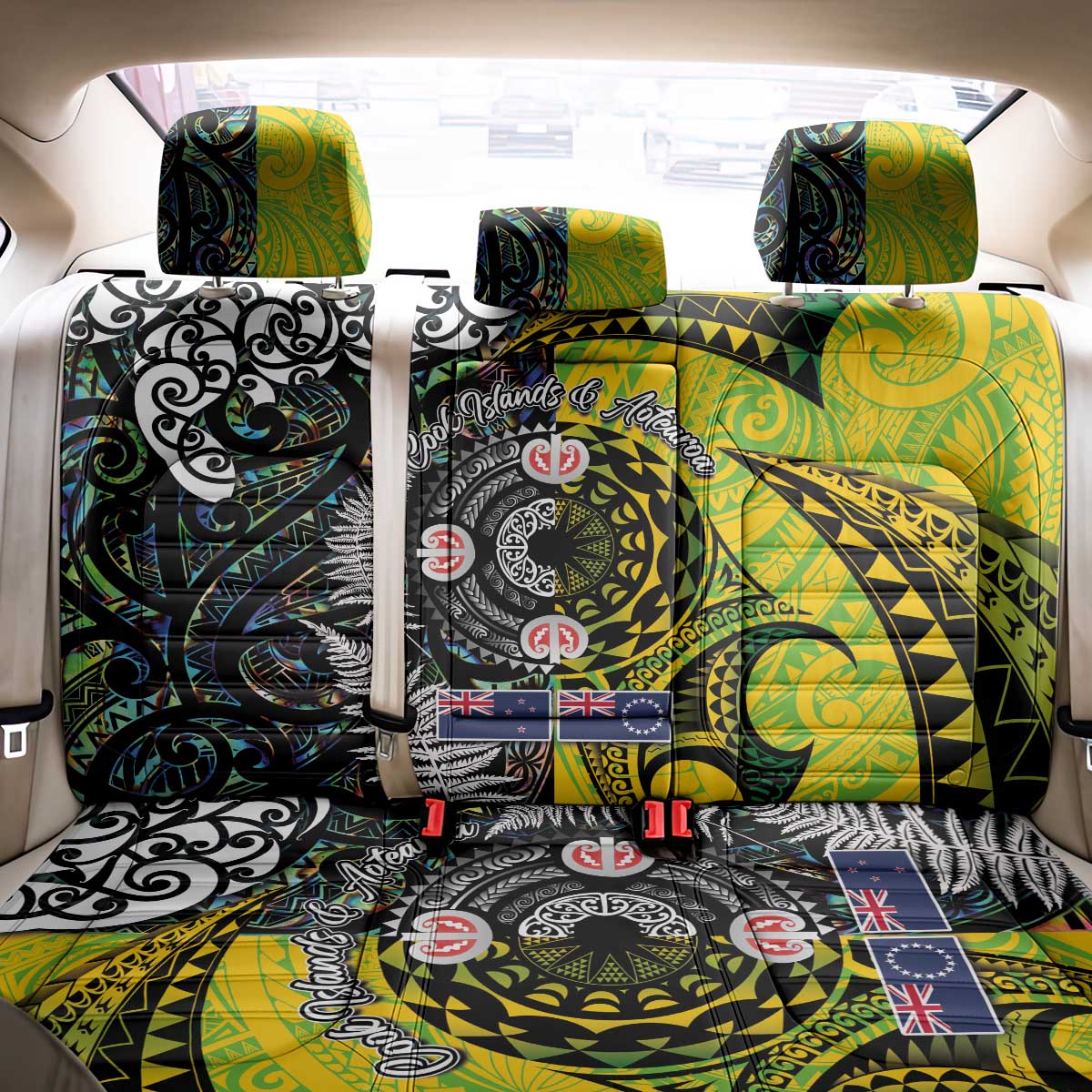 New Zealand and Cook Islands Together Back Car Seat Cover Tatau Art Tribal Pattern-Maori Tattoo with Fern and Paua Shell LT03 - Polynesian Pride