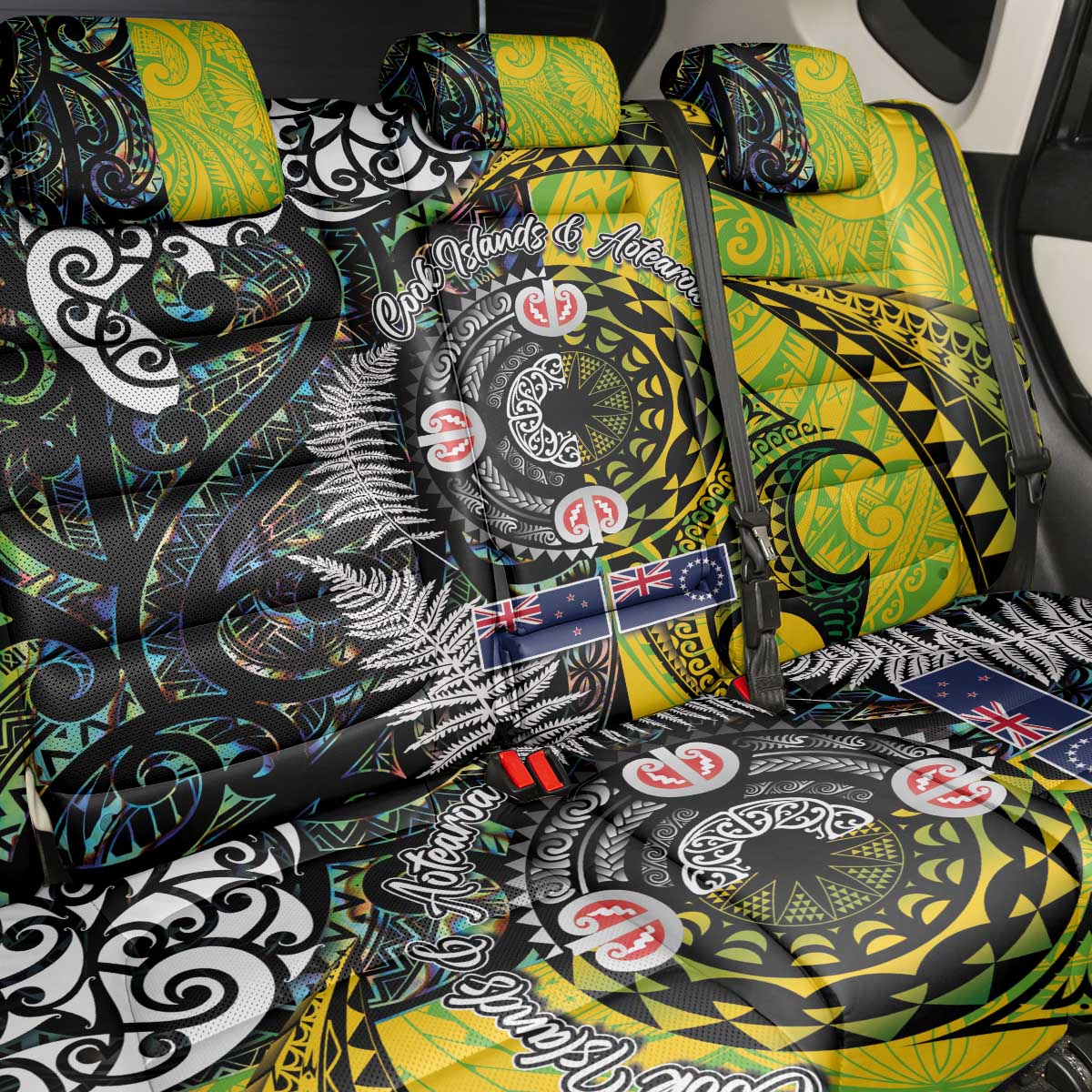 New Zealand and Cook Islands Together Back Car Seat Cover Tatau Art Tribal Pattern-Maori Tattoo with Fern and Paua Shell LT03 - Polynesian Pride