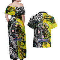 New Zealand and Cook Islands Together Couples Matching Off Shoulder Maxi Dress and Hawaiian Shirt Tatau Art Tribal Pattern-Maori Tattoo with Fern and Paua Shell LT03 - Polynesian Pride
