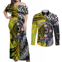 New Zealand and Cook Islands Together Couples Matching Off Shoulder Maxi Dress and Long Sleeve Button Shirt Tatau Art Tribal Pattern-Maori Tattoo with Fern and Paua Shell LT03 Art - Polynesian Pride
