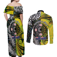 New Zealand and Cook Islands Together Couples Matching Off Shoulder Maxi Dress and Long Sleeve Button Shirt Tatau Art Tribal Pattern-Maori Tattoo with Fern and Paua Shell LT03 - Polynesian Pride