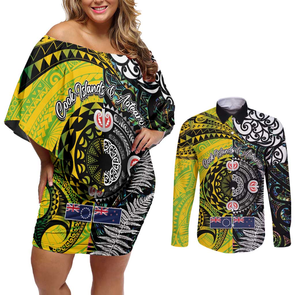 New Zealand and Cook Islands Together Couples Matching Off Shoulder Short Dress and Long Sleeve Button Shirt Tatau Art Tribal Pattern-Maori Tattoo with Fern and Paua Shell LT03 Art - Polynesian Pride