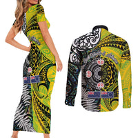 New Zealand and Cook Islands Together Couples Matching Short Sleeve Bodycon Dress and Long Sleeve Button Shirt Tatau Art Tribal Pattern-Maori Tattoo with Fern and Paua Shell LT03 - Polynesian Pride