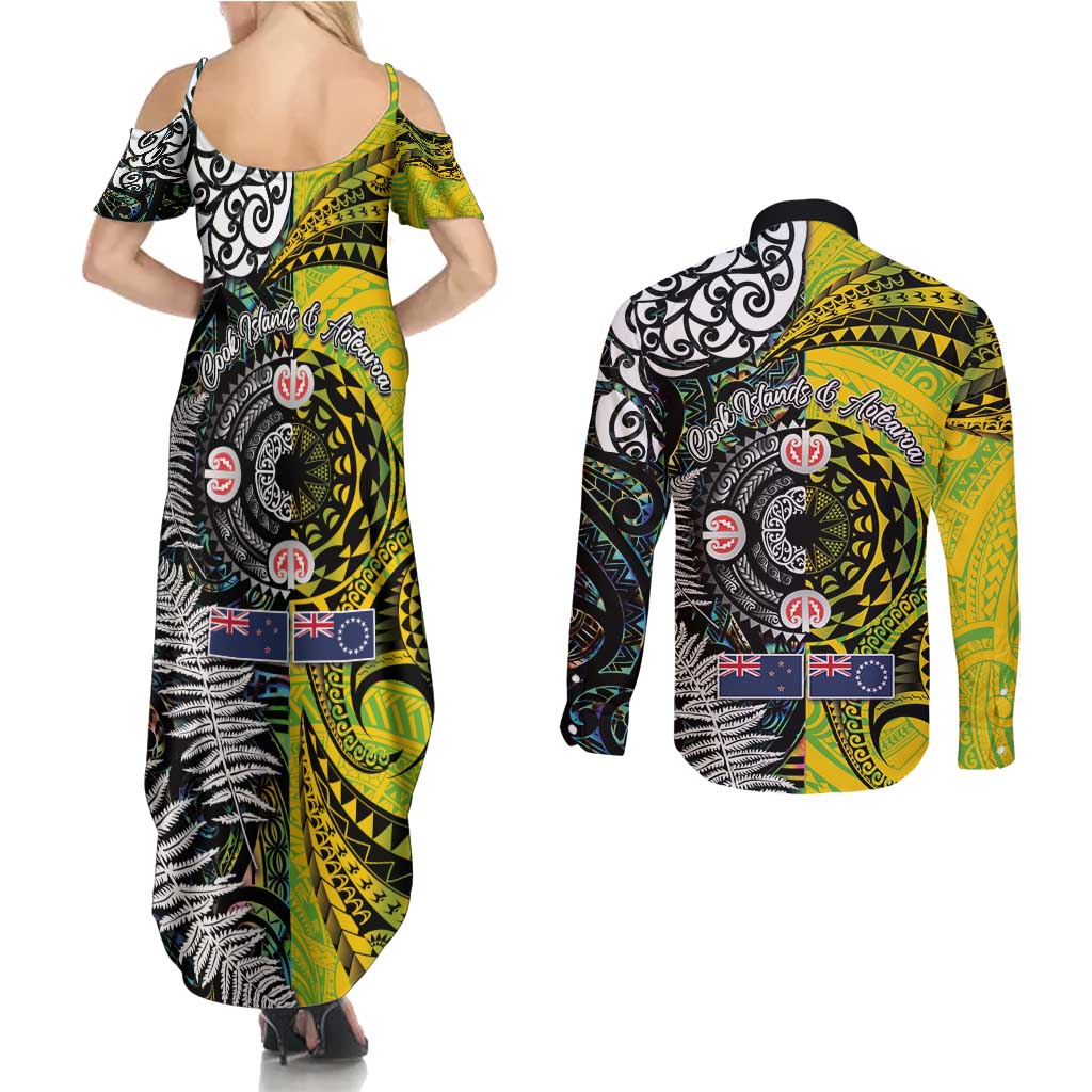 New Zealand and Cook Islands Together Couples Matching Summer Maxi Dress and Long Sleeve Button Shirt Tatau Art Tribal Pattern-Maori Tattoo with Fern and Paua Shell LT03 - Polynesian Pride
