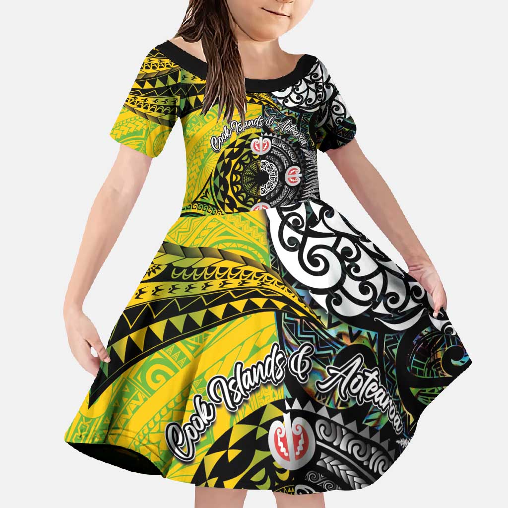 New Zealand and Cook Islands Together Family Matching Long Sleeve Bodycon Dress and Hawaiian Shirt Tatau Art Tribal Pattern-Maori Tattoo with Fern and Paua Shell LT03 Daughter's Dress Art - Polynesian Pride