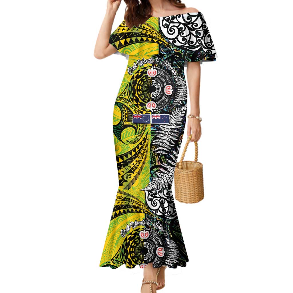 New Zealand and Cook Islands Together Family Matching Mermaid Dress and Hawaiian Shirt Tatau Art Tribal Pattern-Maori Tattoo with Fern and Paua Shell LT03 Mom's Dress Art - Polynesian Pride