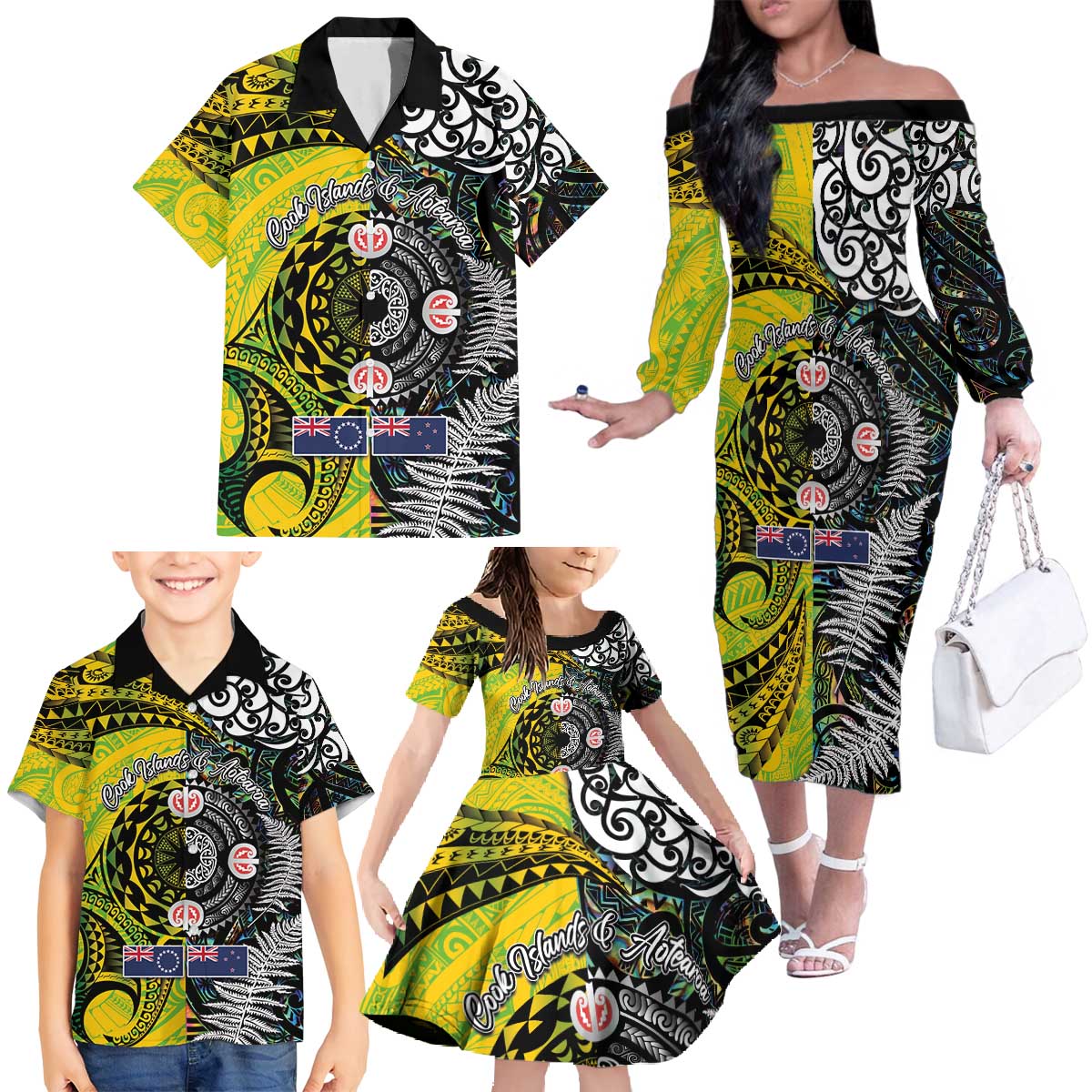 New Zealand and Cook Islands Together Family Matching Off The Shoulder Long Sleeve Dress and Hawaiian Shirt Tatau Art Tribal Pattern-Maori Tattoo with Fern and Paua Shell LT03 - Polynesian Pride