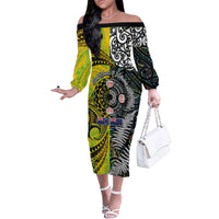 New Zealand and Cook Islands Together Family Matching Off The Shoulder Long Sleeve Dress and Hawaiian Shirt Tatau Art Tribal Pattern-Maori Tattoo with Fern and Paua Shell LT03 Mom's Dress Art - Polynesian Pride
