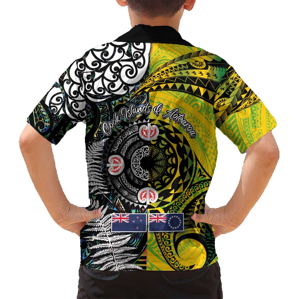 New Zealand and Cook Islands Together Family Matching Off Shoulder Maxi Dress and Hawaiian Shirt Tatau Art Tribal Pattern-Maori Tattoo with Fern and Paua Shell LT03 - Polynesian Pride